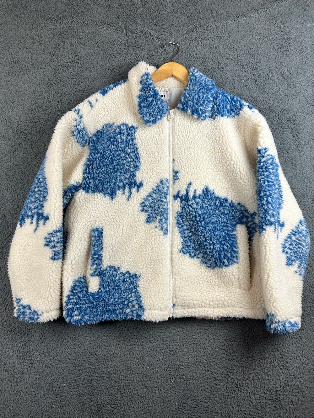 Obey Bistro Sherpa Fleece Jacket Mens Medium Natural Multi Blue White Full Zip